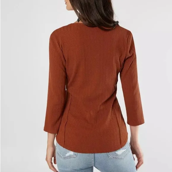 Buckle Gimmicks Womens Rust Ribbed knit Lace-Up Quarter Length Sleeve Top - Picture 2 of 11